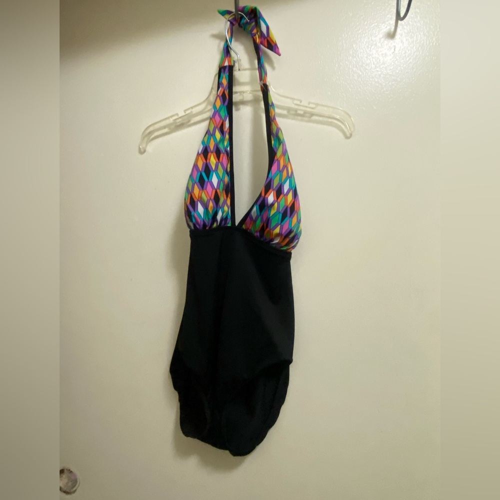 Longitude Multicolor Geometric Halter One-Piece Swimsuit with Black Body